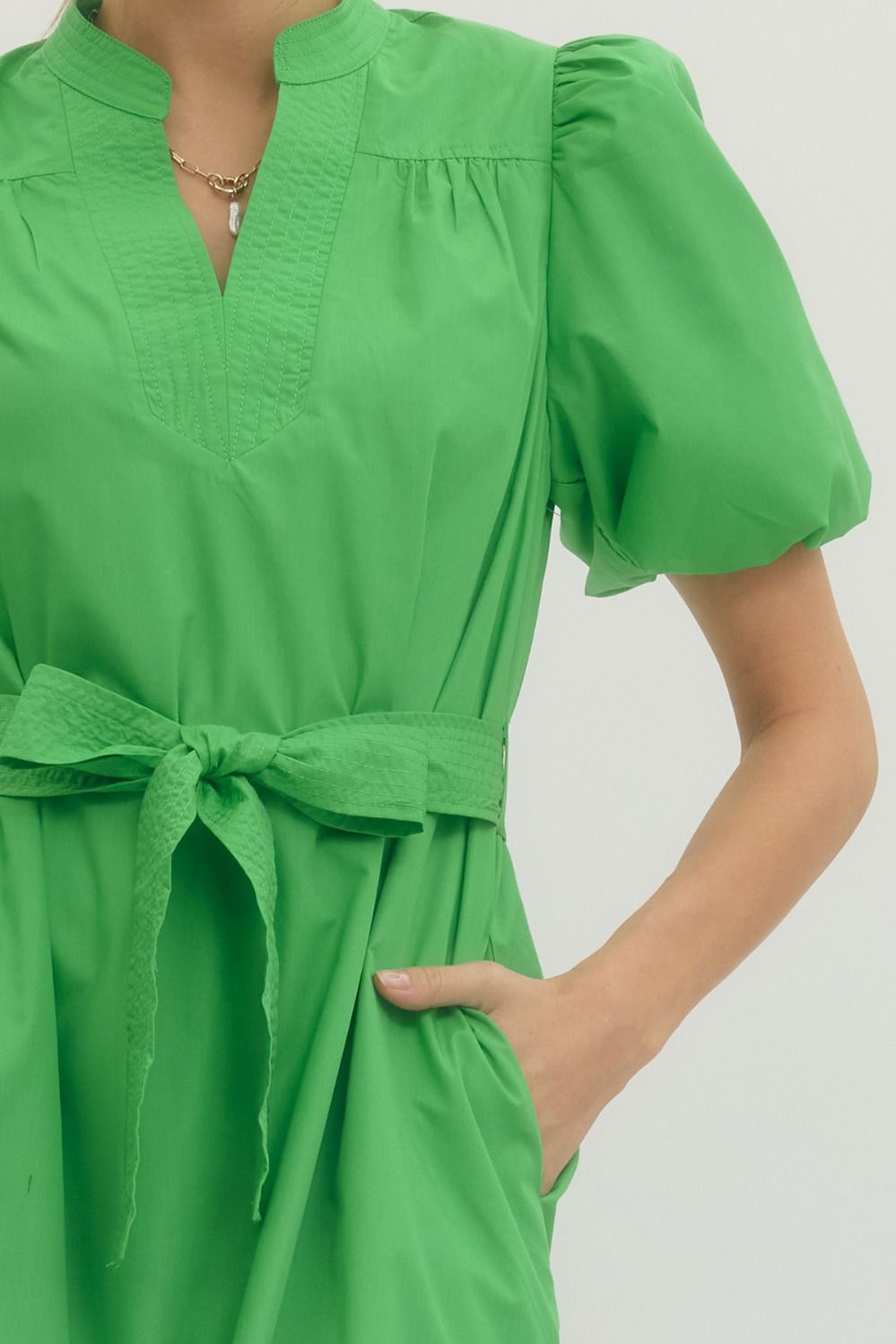 Pintuck Detail Puff Sleeve Midi Dress - Lush Lemon - Women's Clothing - Entro - 28456291064765