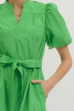Pintuck Detail Puff Sleeve Midi Dress - Lush Lemon - Women&