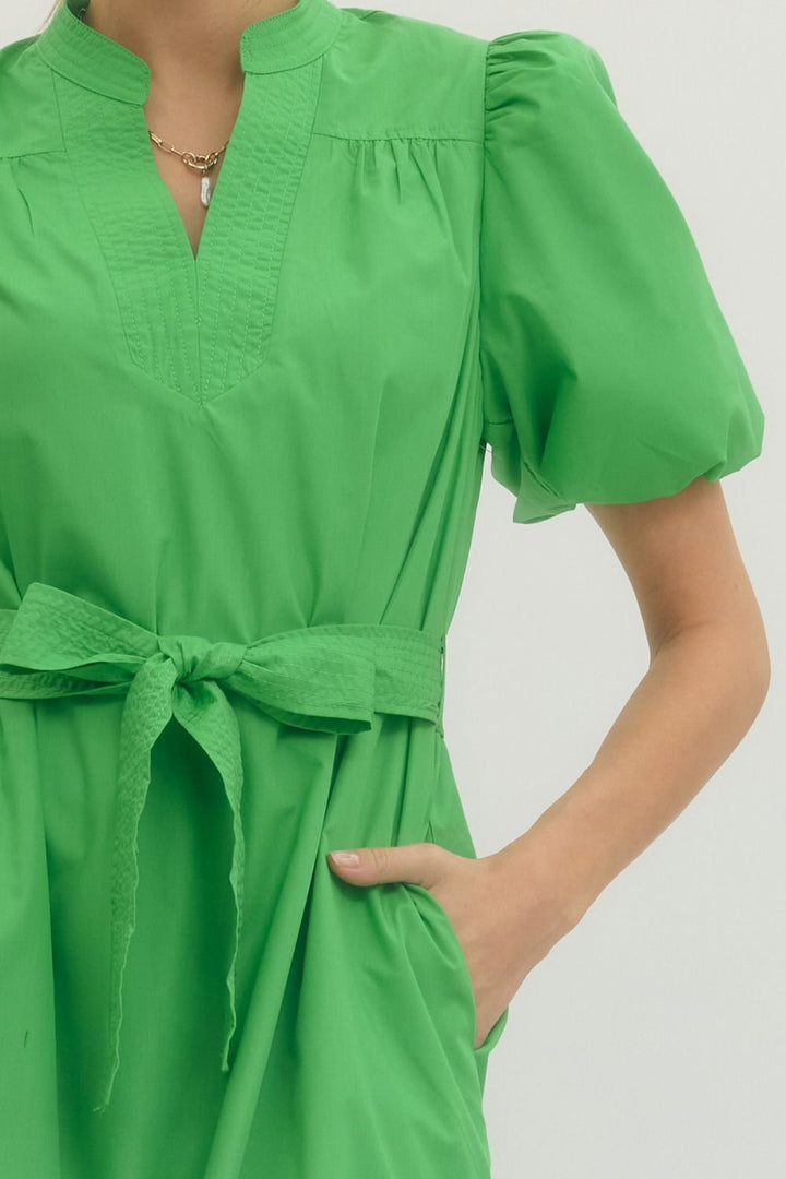 Pintuck Detail Puff Sleeve Midi Dress - Lush Lemon - Women's Clothing - Entro - 28456291064765