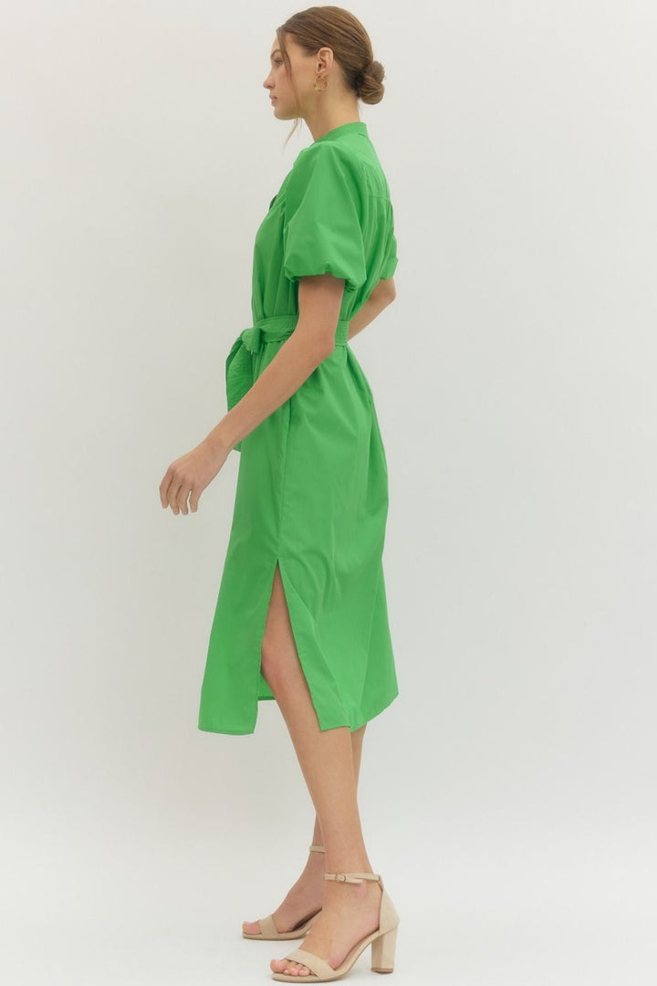 Pintuck Detail Puff Sleeve Midi Dress - Lush Lemon - Women's Clothing - Entro - 28456291064765