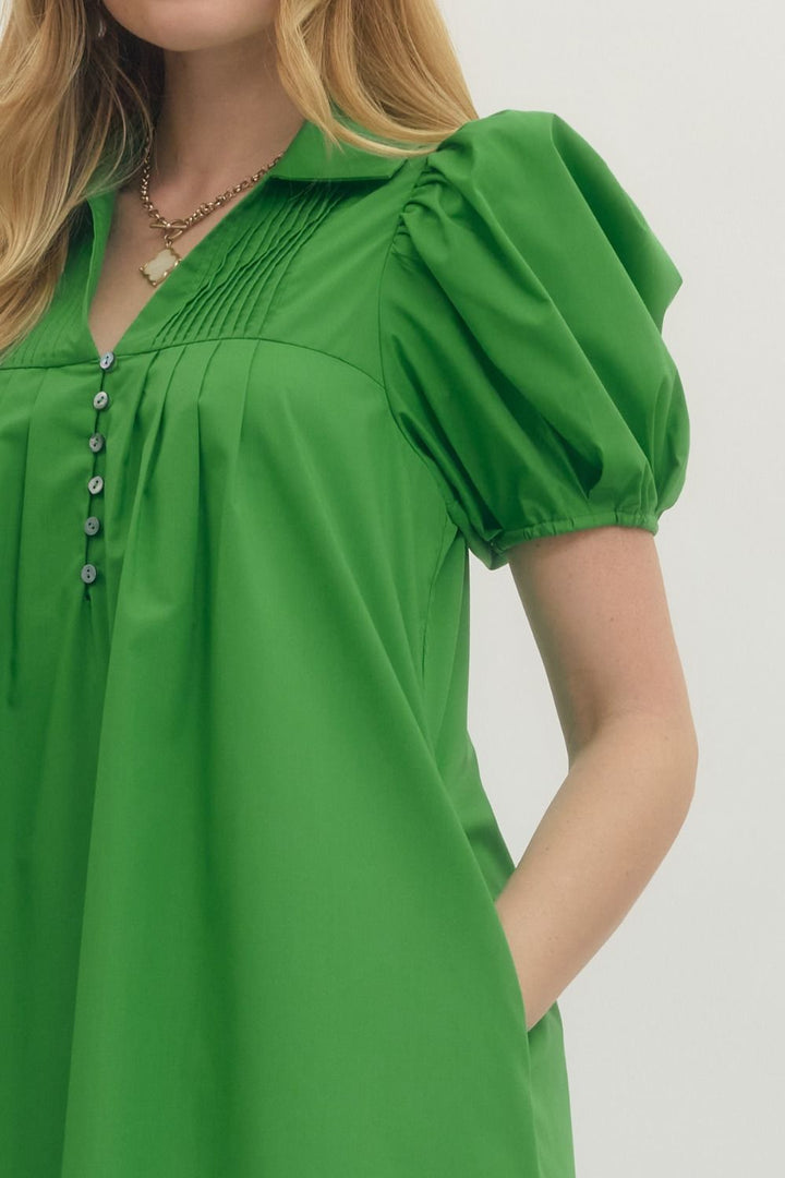 Pintuck Puff Sleeve Mini Dress - Lush Lemon - Women's Clothing - Entro - 79379791027293