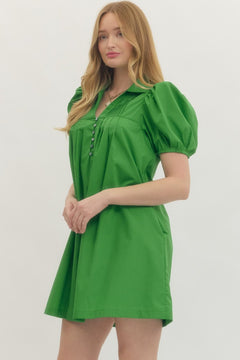 Pintuck Puff Sleeve Mini Dress - Lush Lemon - Women&