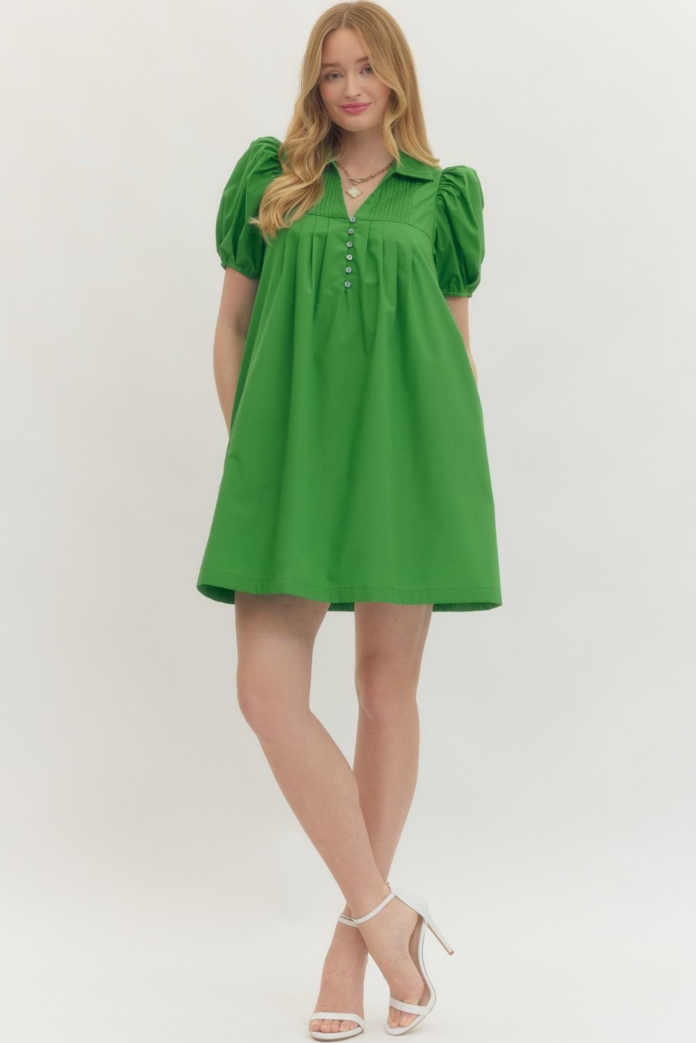 Pintuck Puff Sleeve Mini Dress - Lush Lemon - Women's Clothing - Entro - 79379791027293