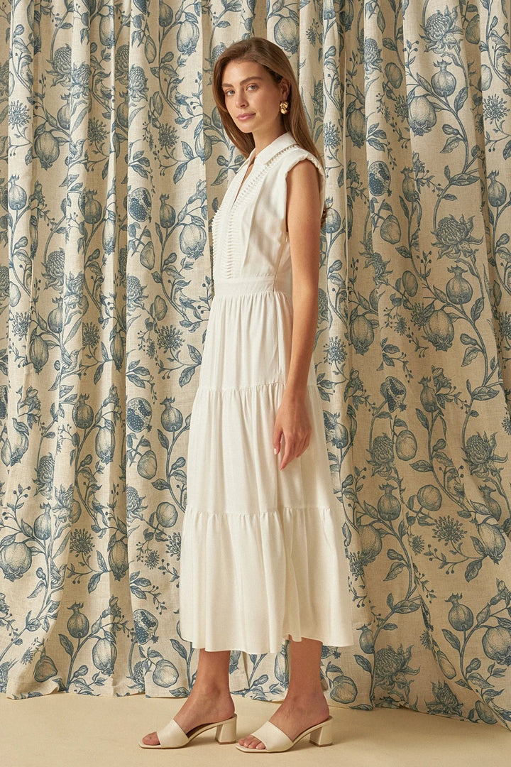 Pintuck Tiered Midi Dress W/Shoulder Pads - Lush Lemon - Women's Clothing - Endless Rose - 192934663786
