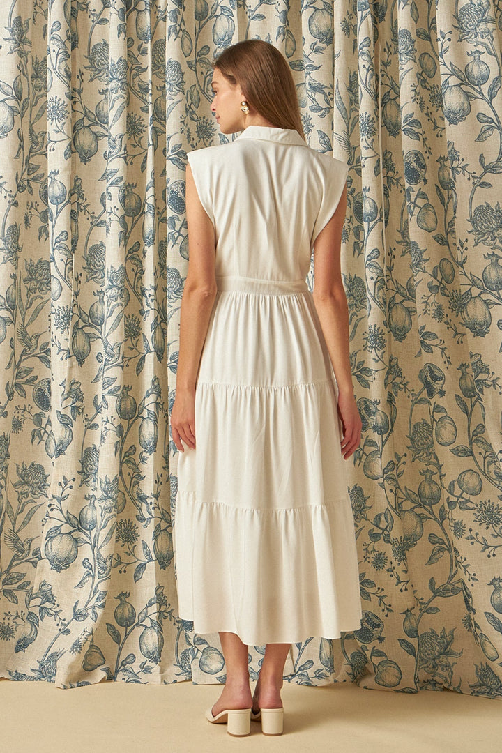 Pintuck Tiered Midi Dress W/Shoulder Pads - Lush Lemon - Women's Clothing - Endless Rose - 192934663786