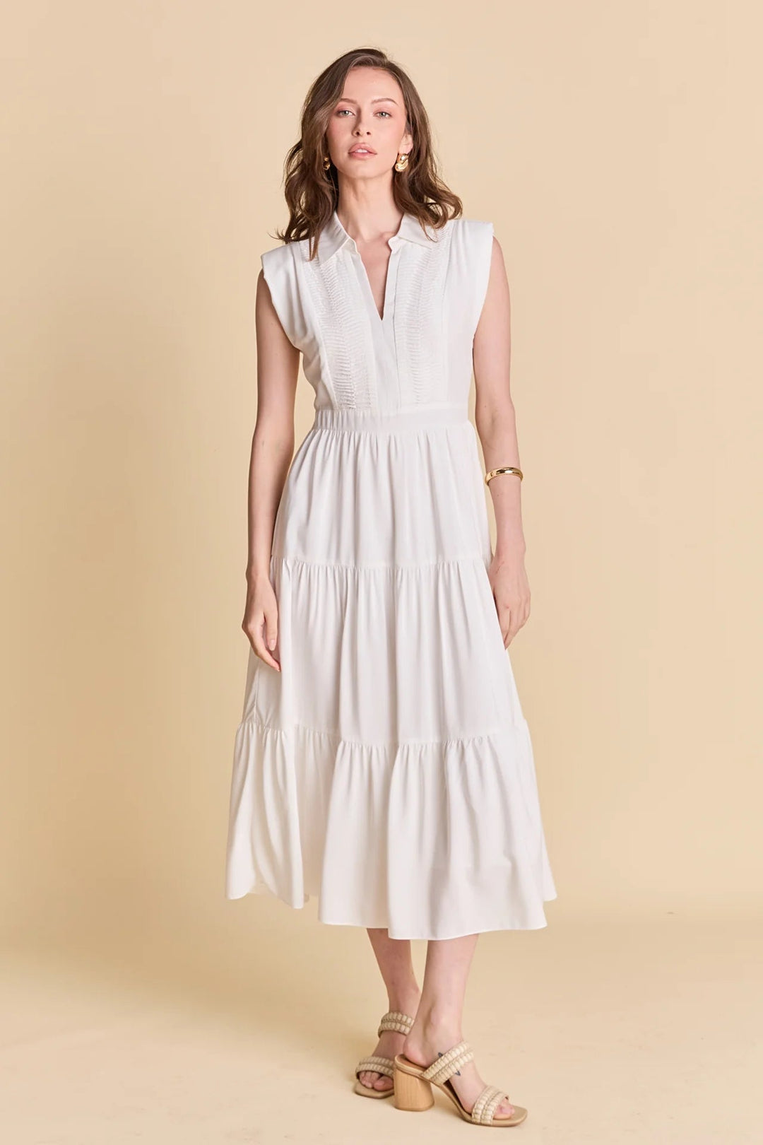 Pintuck Tiered Midi Dress W/Shoulder Pads - Lush Lemon - Women's Clothing - Endless Rose - 192934663786