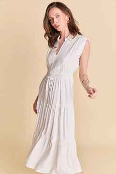 Pintuck Tiered Midi Dress W/Shoulder Pads - Lush Lemon - Women&