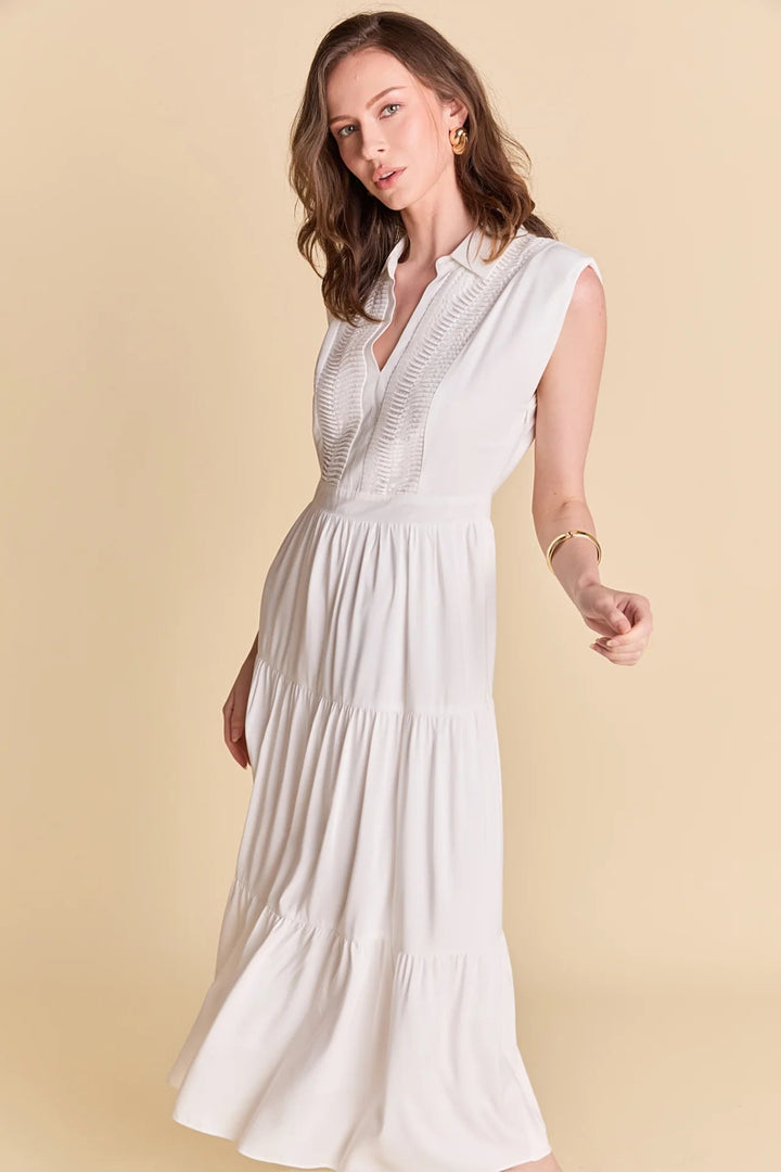Pintuck Tiered Midi Dress W/Shoulder Pads - Lush Lemon - Women's Clothing - Endless Rose - 192934663786