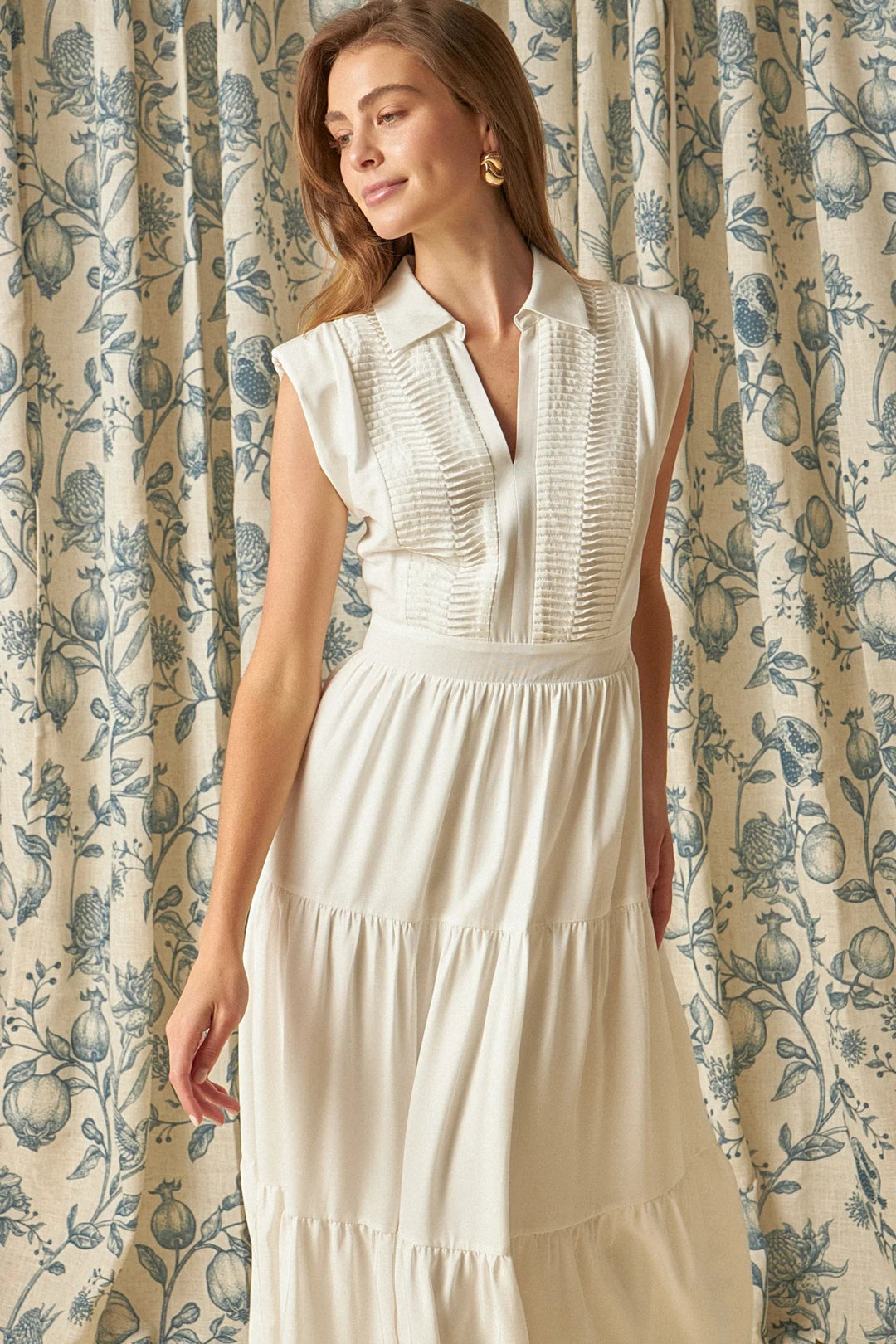 Pintuck Tiered Midi Dress W/Shoulder Pads - Lush Lemon - Women's Clothing - Endless Rose - 192934663786