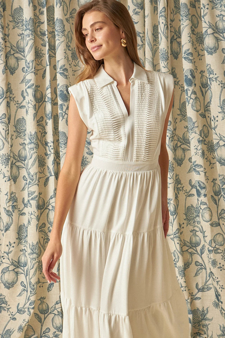 Pintuck Tiered Midi Dress W/Shoulder Pads - Lush Lemon - Women's Clothing - Endless Rose - 192934663786