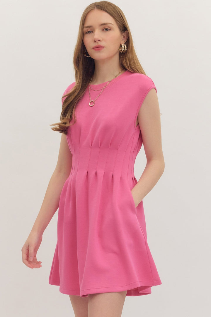 Pintuck Waist Cap Sleeve Mini Dress - Lush Lemon - Women's Clothing - Entro - 45302021091677