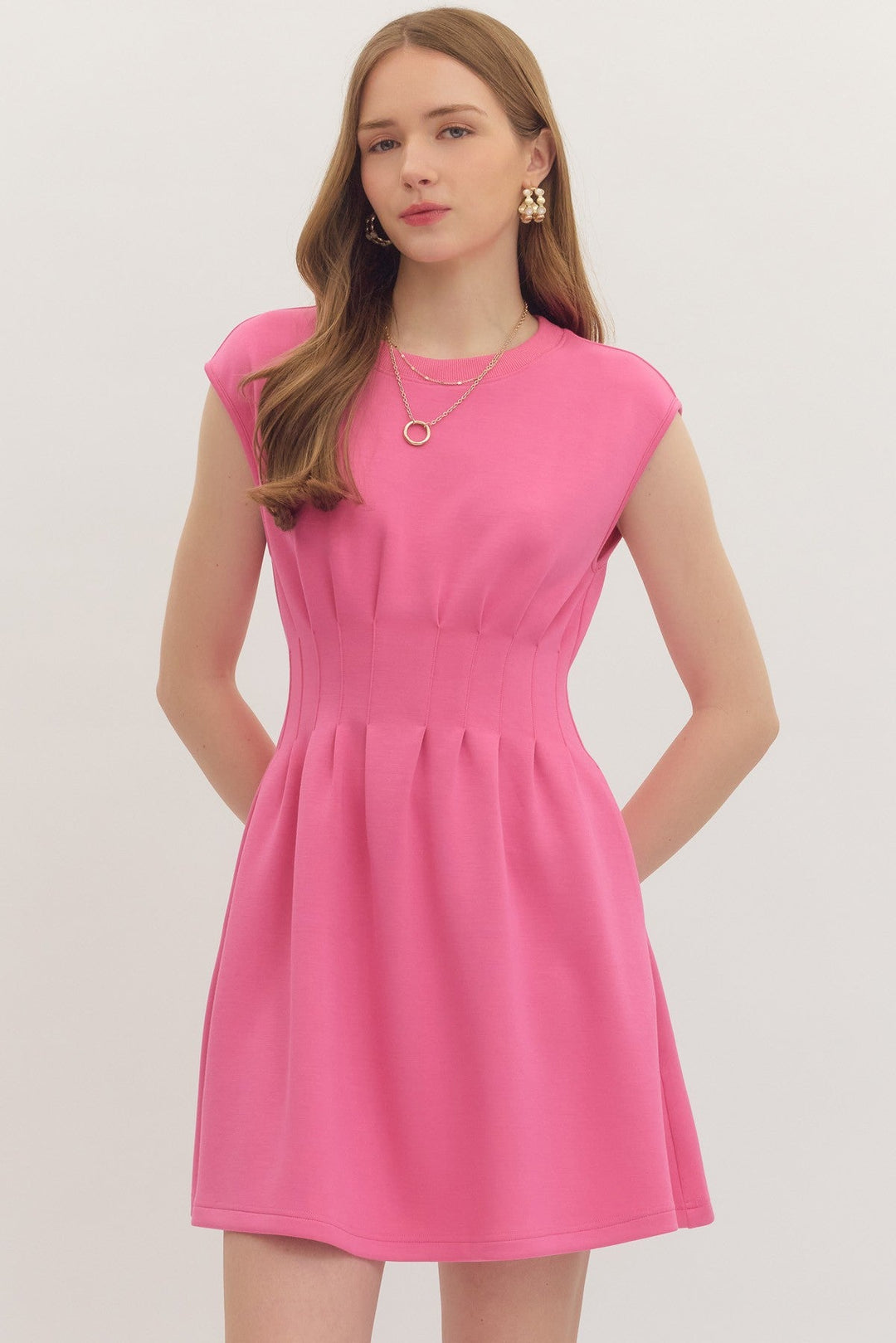 Pintuck Waist Cap Sleeve Mini Dress - Lush Lemon - Women's Clothing - Entro - 45302021091677
