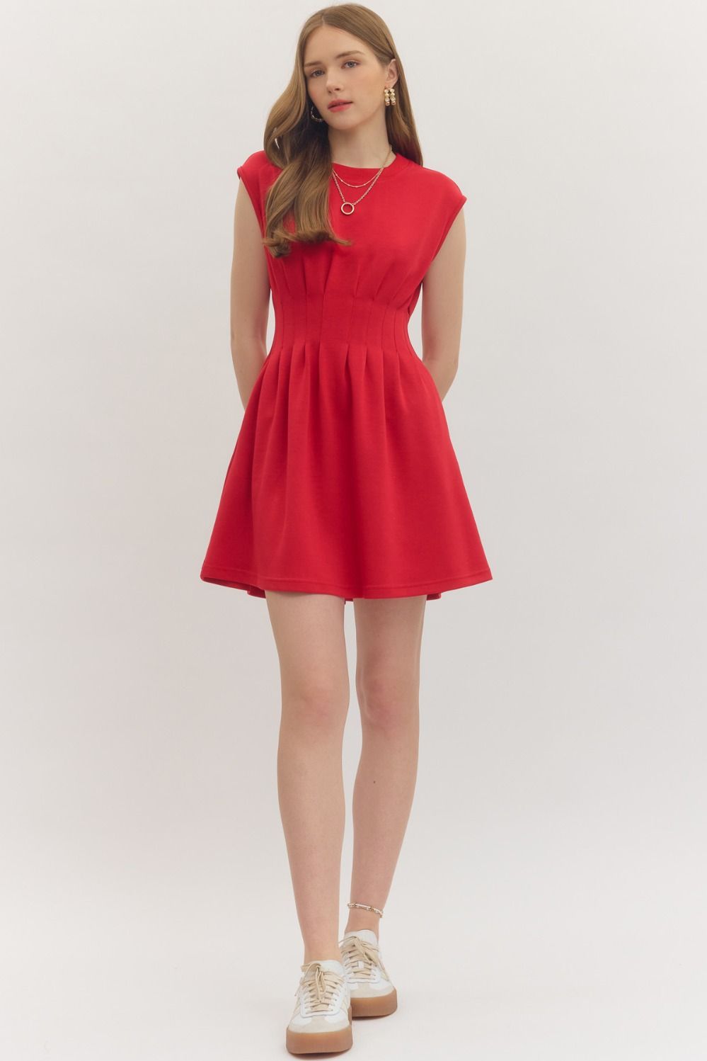 Pintuck Waist Cap Sleeve Mini Dress - Lush Lemon - Women's Clothing - Entro - 45302021389981