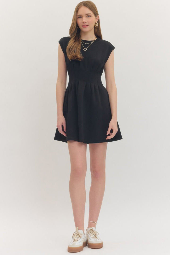 Pintuck Waist Cap Sleeve Mini Dress - Lush Lemon - Women's Clothing - Entro - 