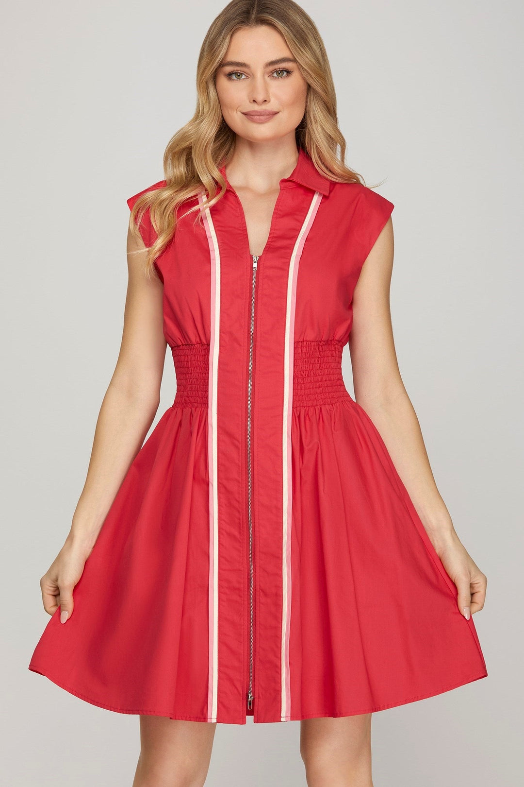 Piped Zip Up Dress W/Pockets - Lush Lemon - Women's Clothing - She + Sky - 75505904324861
