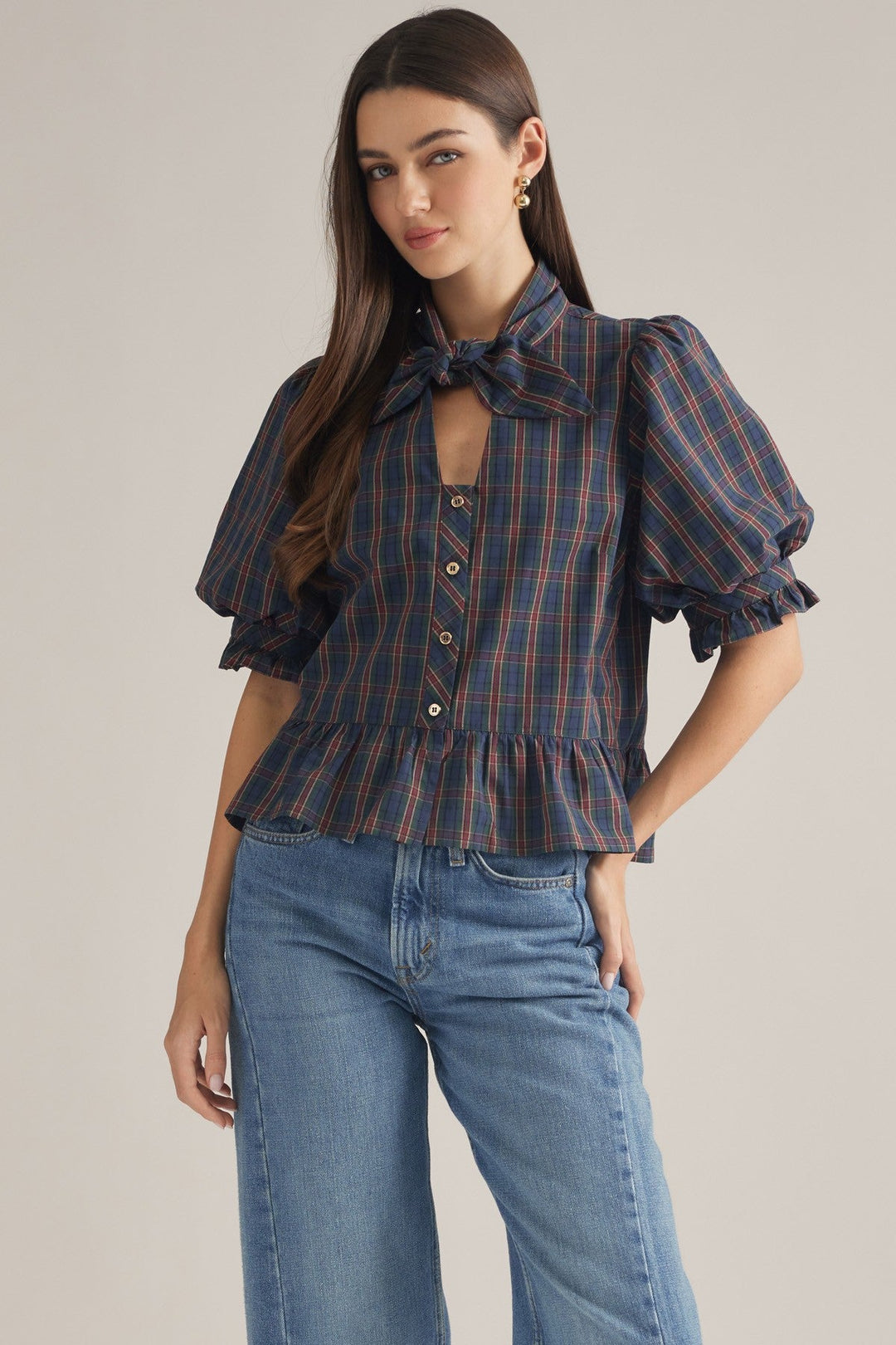 Plaid Bow Neck Peplum Top - Lush Lemon - Women's Clothing - Entro - 63556361085693