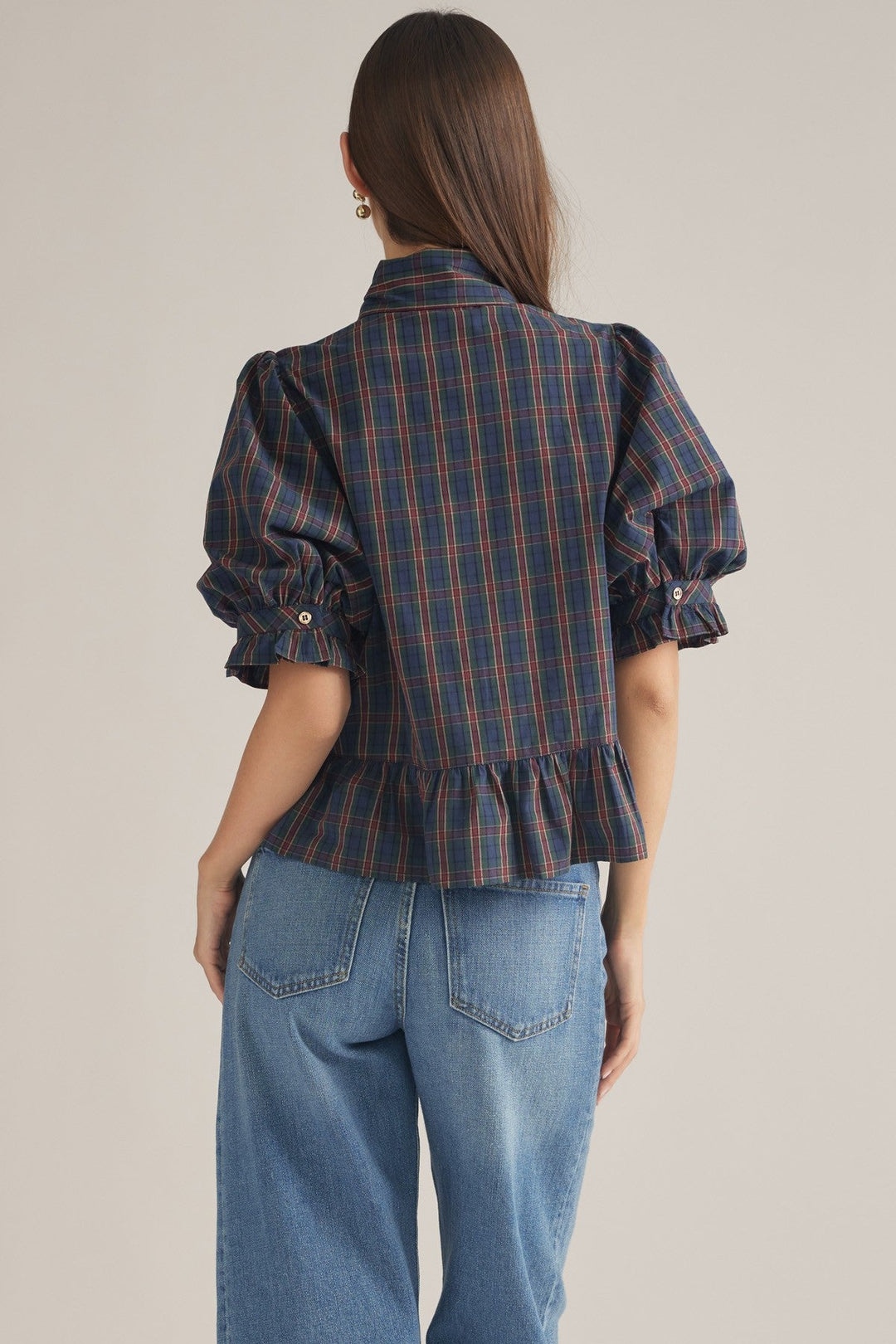 Plaid Bow Neck Peplum Top - Lush Lemon - Women's Clothing - Entro - 63556361085693