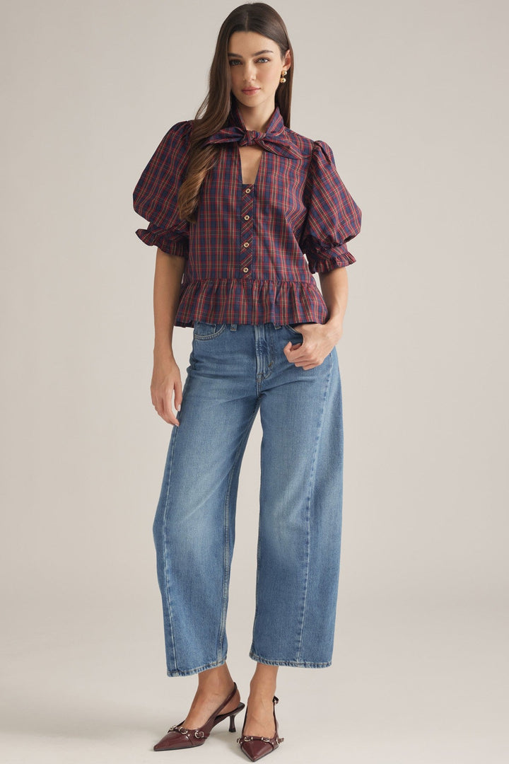 Plaid Bow Neck Peplum Top - Lush Lemon - Women's Clothing - Entro - 63556361383997