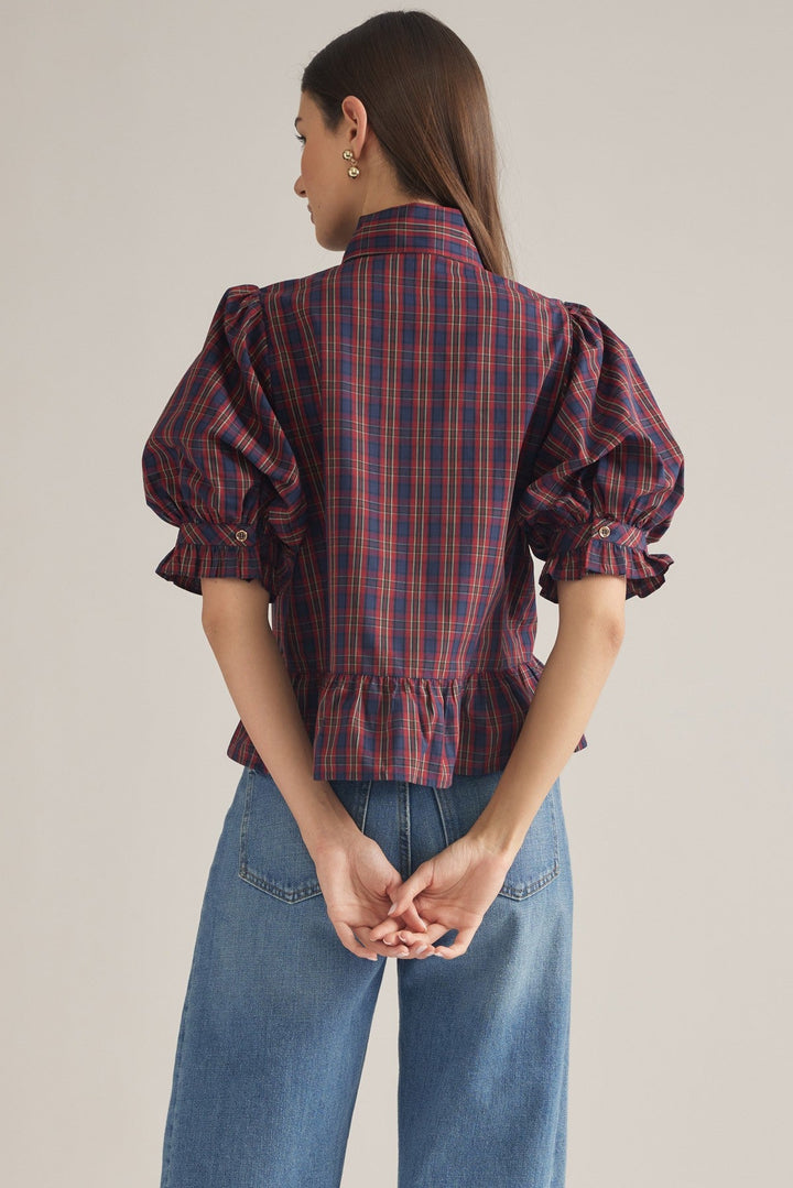 Plaid Bow Neck Peplum Top - Lush Lemon - Women's Clothing - Entro - 63556361383997