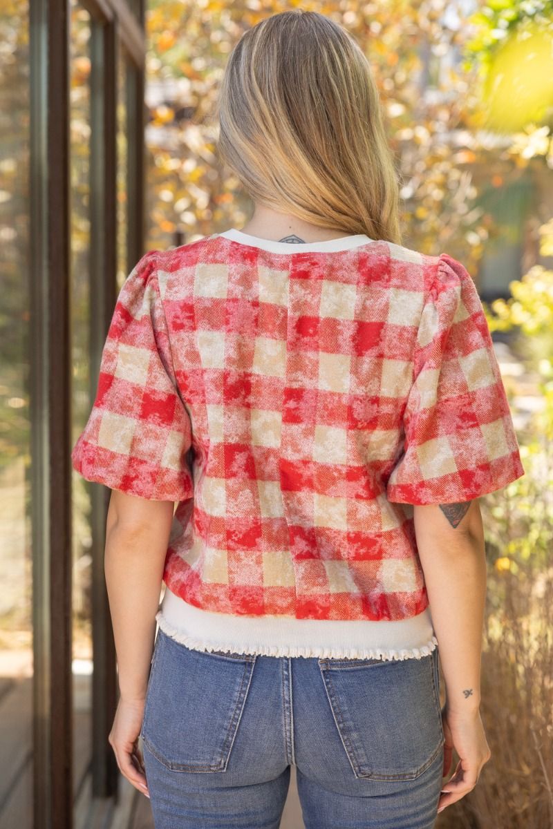 Plaid Bubble Sleeve Top - Lush Lemon - Women's Clothing - Voy - 59740931043741