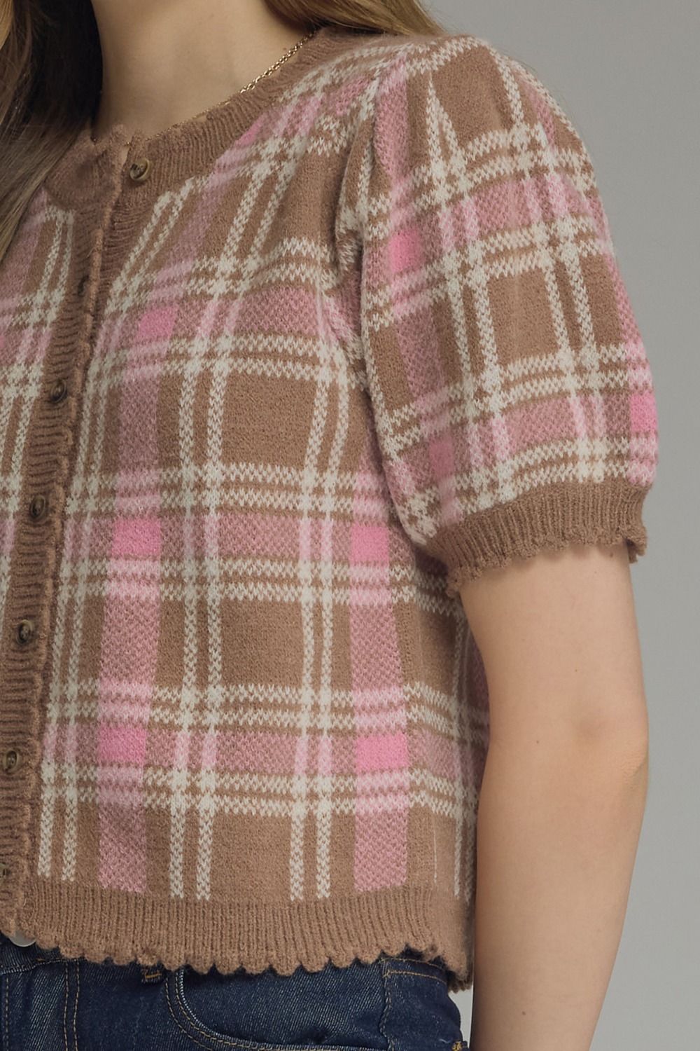 Plaid Puff Sleeve Knit Cardigan - Lush Lemon - Women's Clothing - Entro - 54423561340861