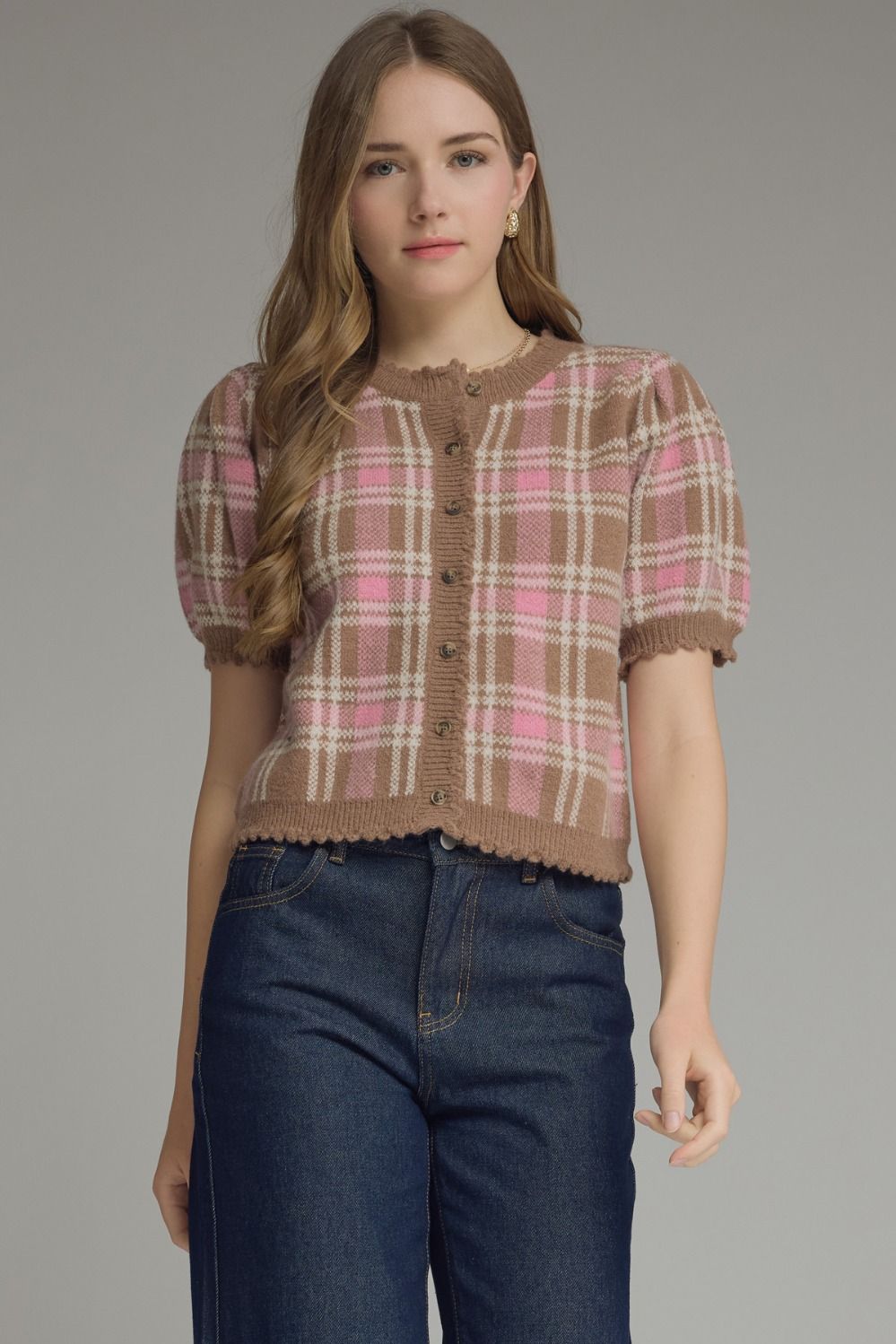 Plaid Puff Sleeve Knit Cardigan - Lush Lemon - Women's Clothing - Entro - 54423561340861