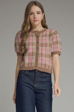 Plaid Puff Sleeve Knit Cardigan - Lush Lemon - Women&