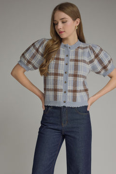 Plaid Puff Sleeve Knit Cardigan - Lush Lemon - Women&