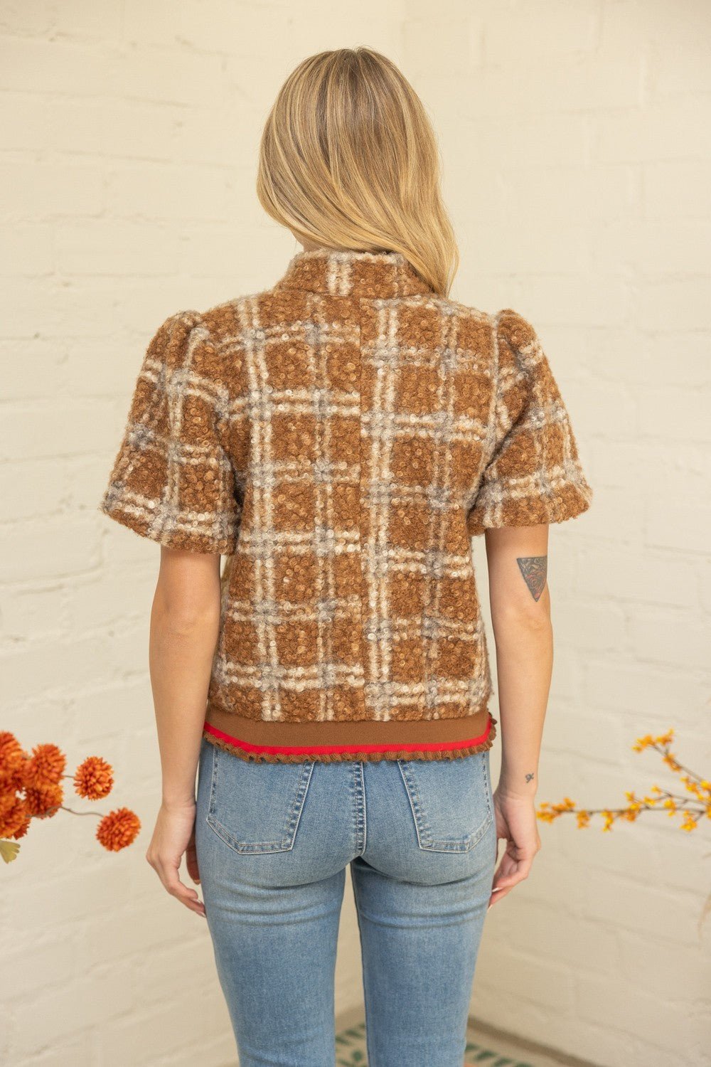 Plaid Sherpa Trim Top - Lush Lemon - Women's Clothing - Voy - 42639221047581