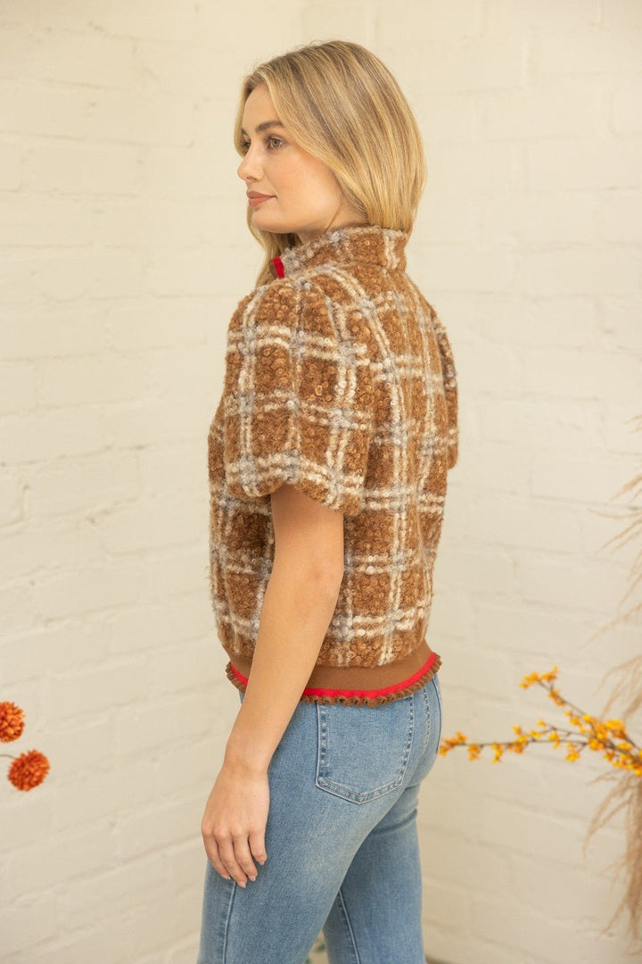 Plaid Sherpa Trim Top - Lush Lemon - Women's Clothing - Voy - 42639221047581