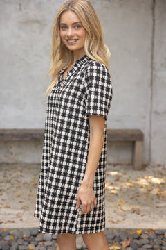 Plaid Tweed Ruffle Neck Dress - Lush Lemon - Women&