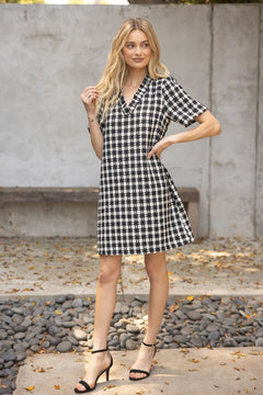 Plaid Tweed Ruffle Neck Dress - Lush Lemon - Women&