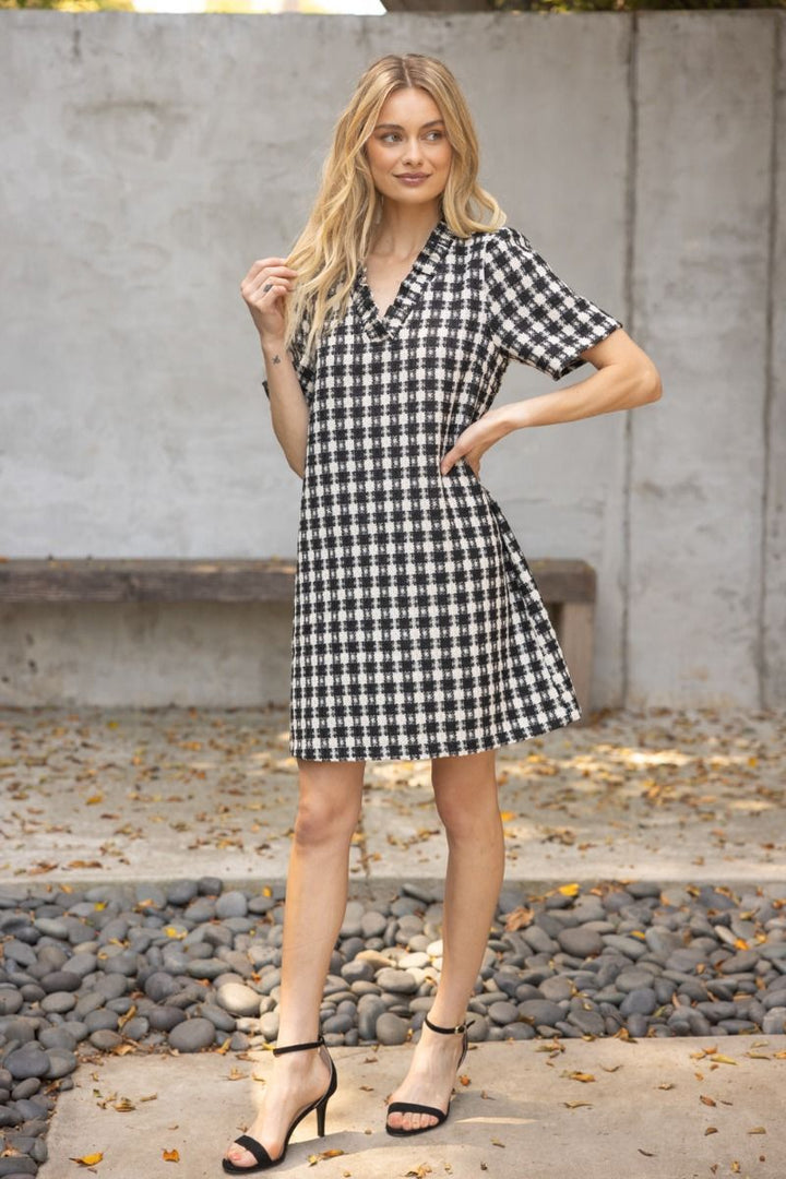 Plaid Tweed Ruffle Neck Dress - Lush Lemon - Women's Clothing - Voy - 34663346631