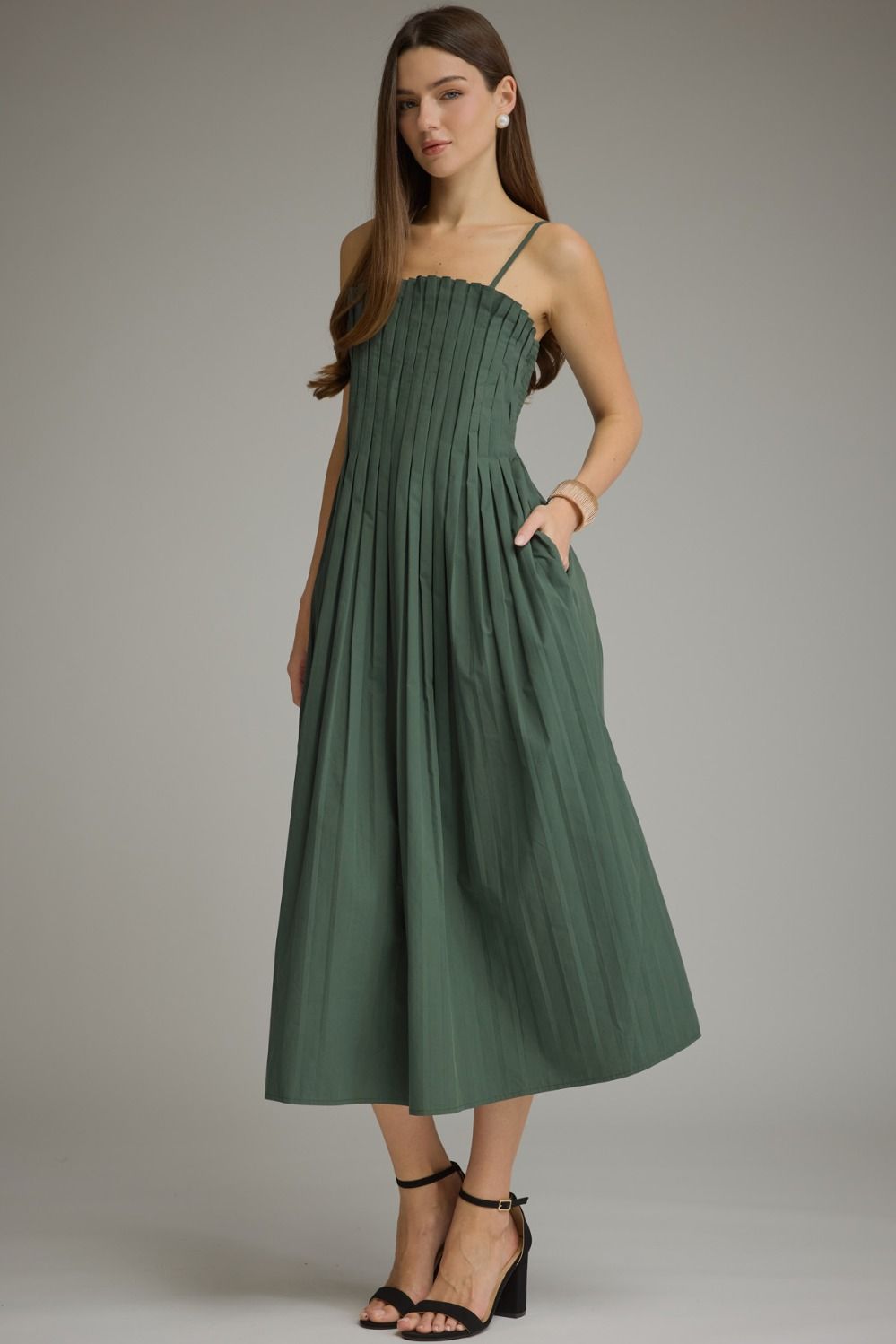 Pleated Cotton Midi Dress - Lush Lemon - Women's Clothing - Entro - 62775491079677