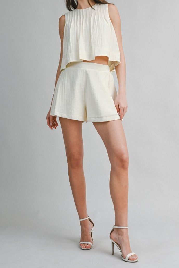 Pleated Crop Top & Shorts Set - Lush Lemon - Women's Clothing - Mable - 28772741026333