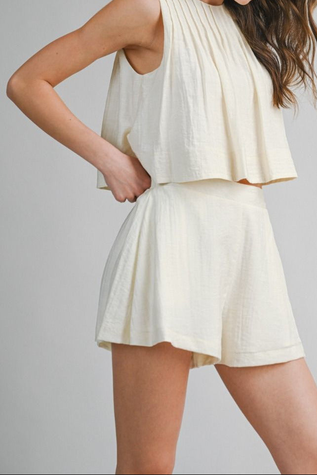 Pleated Crop Top & Shorts Set - Lush Lemon - Women's Clothing - Mable - 28772741026333