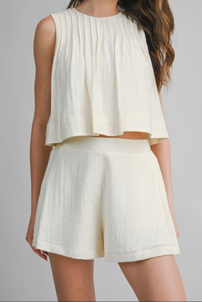 Pleated Crop Top & Shorts Set - Lush Lemon - Women's Clothing - Mable - 28772741026333