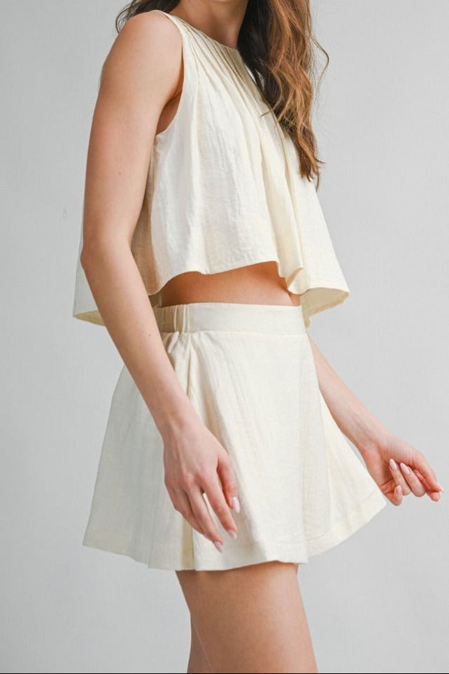 Pleated Crop Top & Shorts Set - Lush Lemon - Women's Clothing - Mable - 28772741026333
