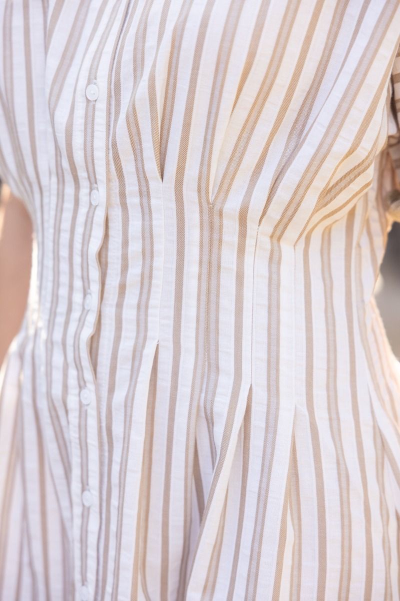 Pleated Waist Striped Shirt Dress - Lush Lemon - Women's Clothing - Voy - 52973801058685