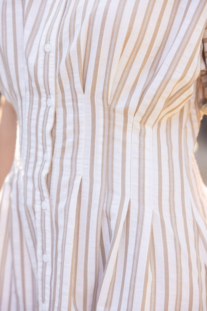 Pleated Waist Striped Shirt Dress - Lush Lemon - Women's Clothing - Voy - 52973801058685