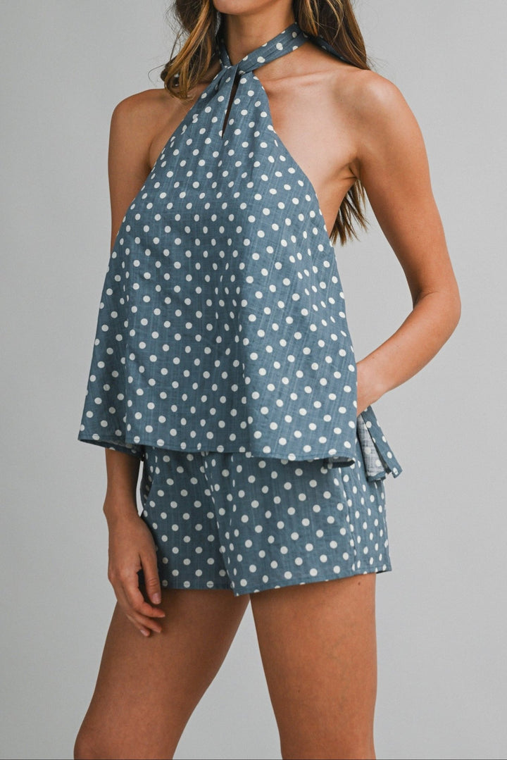 Polka Dot Halter Top and Shorts Set - Lush Lemon - Women's Clothing - Mable - 43575501092189