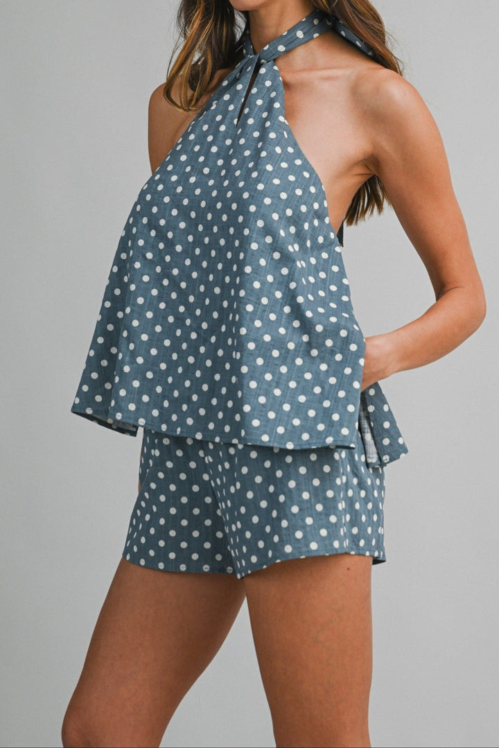 Polka Dot Halter Top and Shorts Set - Lush Lemon - Women's Clothing - Mable - 43575501092189