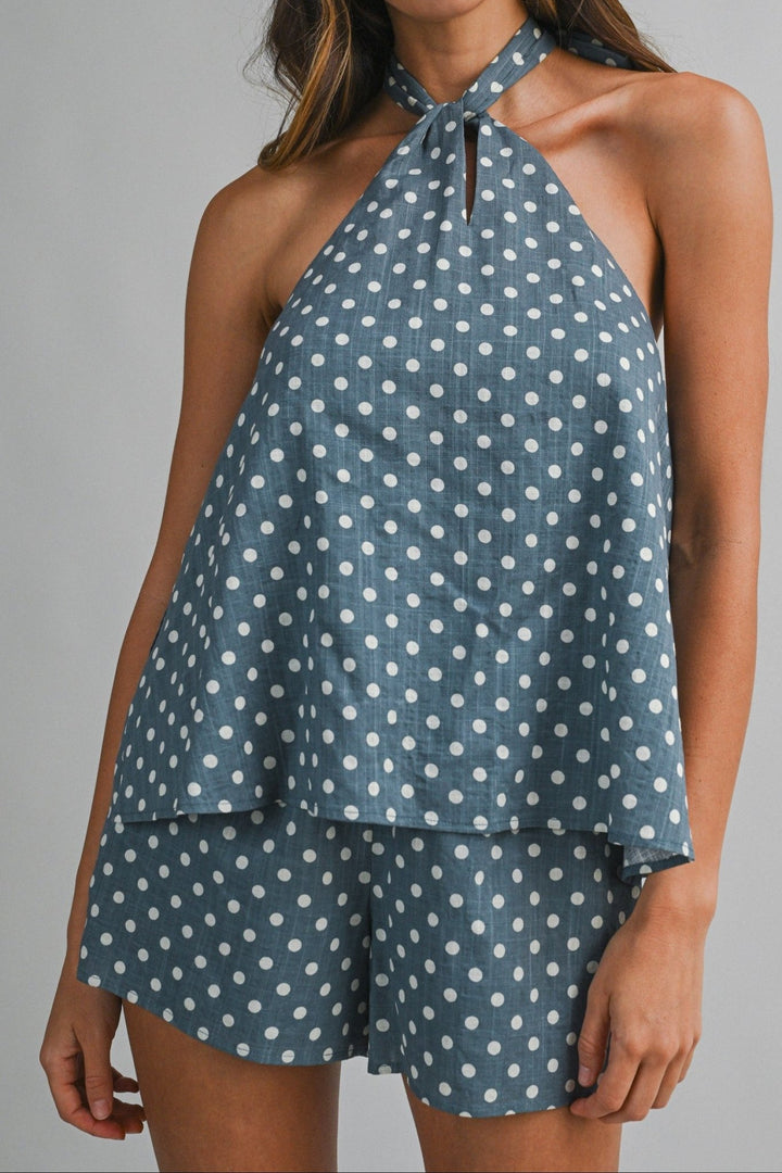 Polka Dot Halter Top and Shorts Set - Lush Lemon - Women's Clothing - Mable - 43575501092189