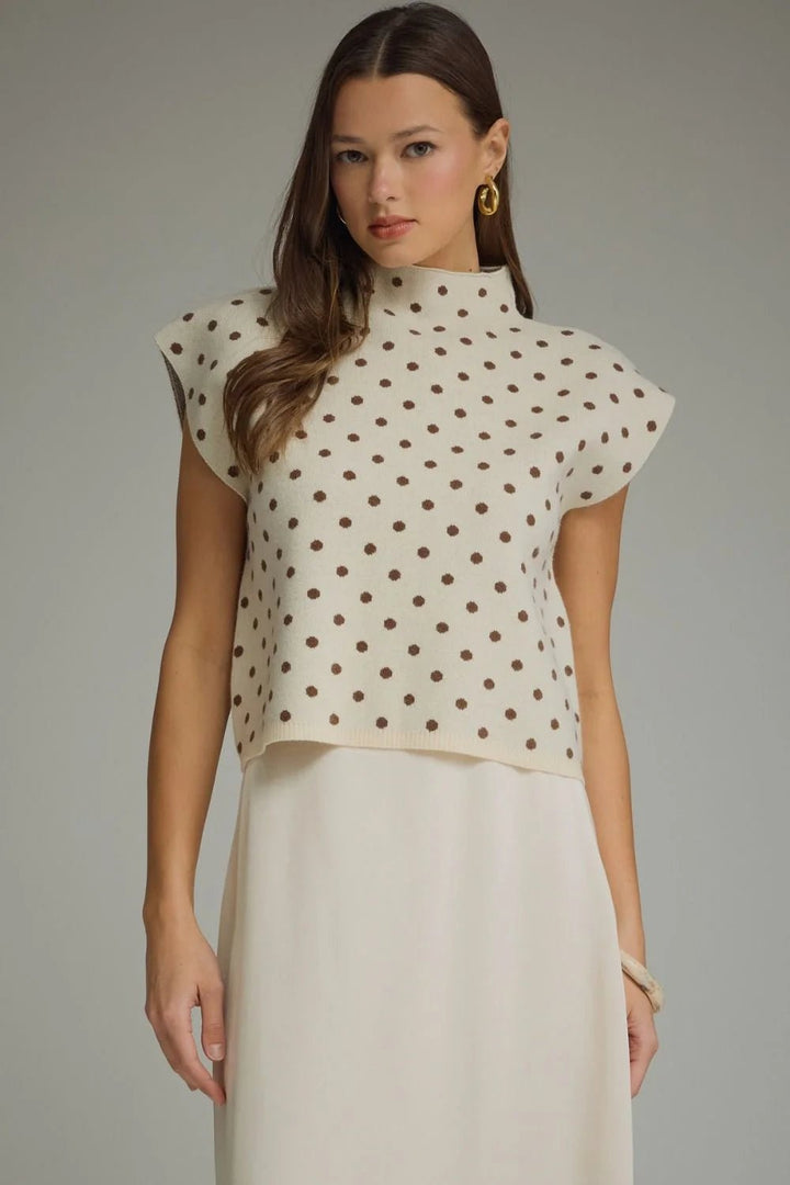 Polka Dot Mock Neck Sweater Top - Lush Lemon - Women's Clothing - Entro - 13412221022109