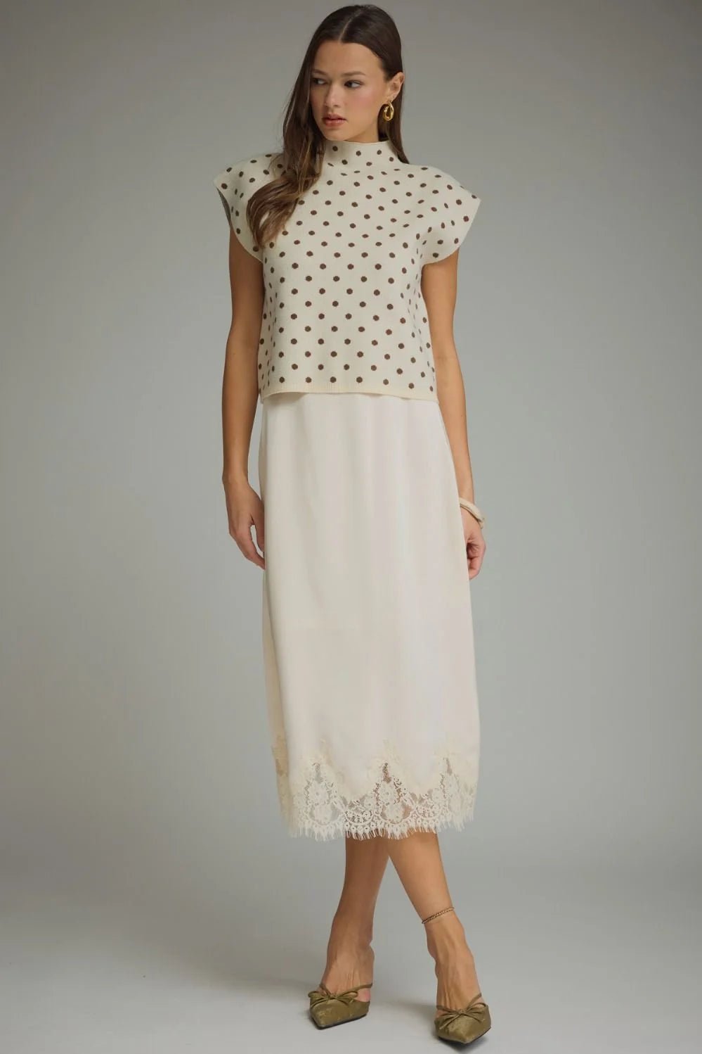 Polka Dot Mock Neck Sweater Top - Lush Lemon - Women's Clothing - Entro - 13412221022109