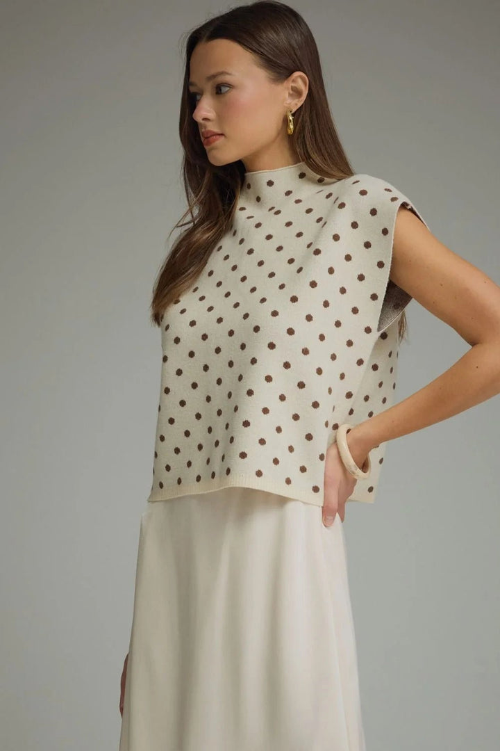 Polka Dot Mock Neck Sweater Top - Lush Lemon - Women's Clothing - Entro - 13412221022109