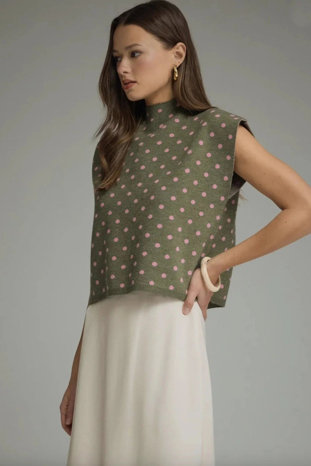 Polka Dot Mock Neck Sweater Top - Lush Lemon - Women's Clothing - Entro - 53412221320413