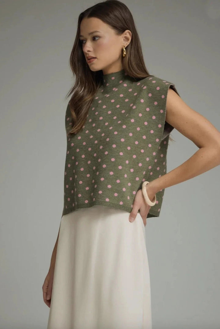 Polka Dot Mock Neck Sweater Top - Lush Lemon - Women's Clothing - Entro - 53412221320413