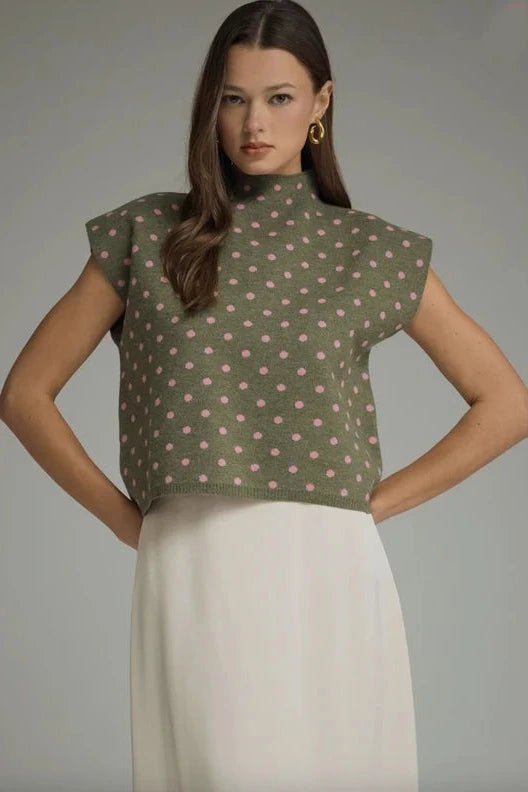 Polka Dot Mock Neck Sweater Top - Lush Lemon - Women's Clothing - Entro - 53412221320413