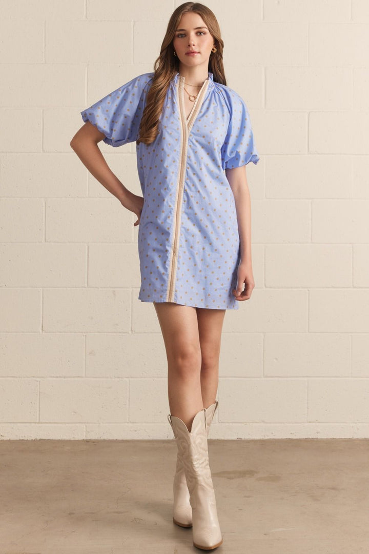 Polka Dot Puff Sleeve Mini Dress - Lush Lemon - Women's Clothing - Entro - 84117781017309